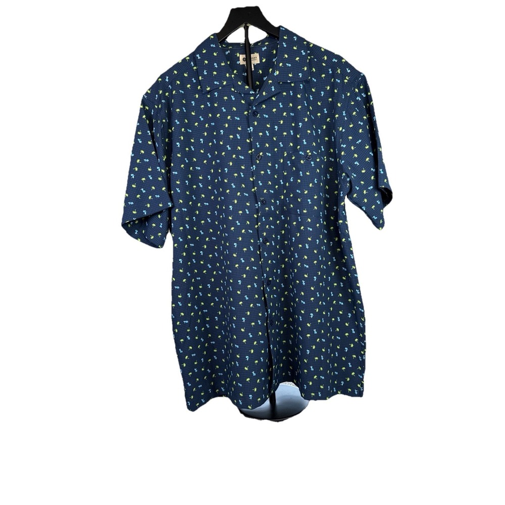 Haggar Clothing Men's Shirt XL Blue Hawaiian Print Palm Trees & Hula Dancers